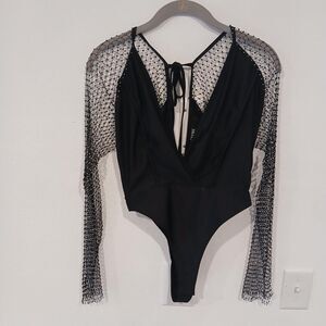 Envme Black Bodysuit Mesh Rhinestone Sleeves Size Small